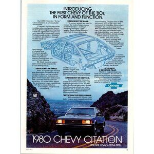 1980 Chevy Citation X Car Vintage Print Ad Cutaway Frame Drawing Wall Art